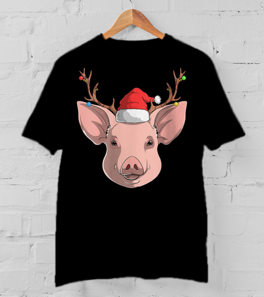 Pig With Santa Hat And Reindeer Antlers T-Shirt