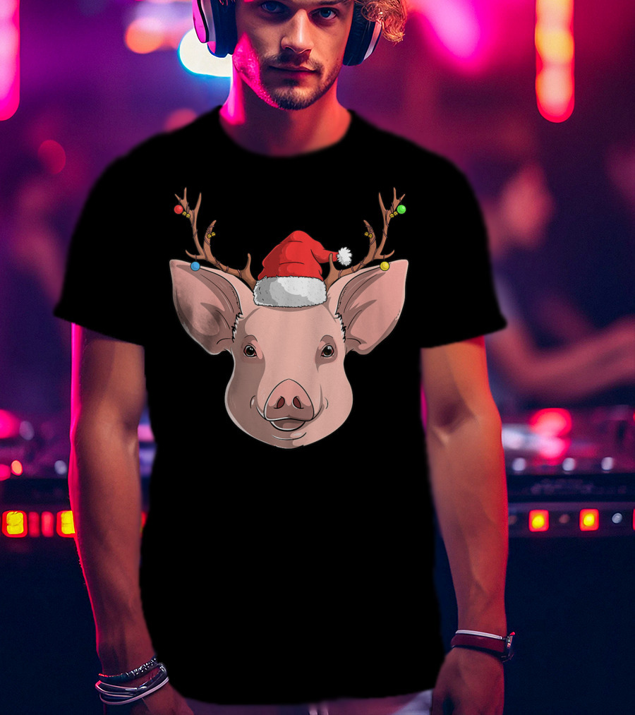 Pig With Santa Hat And Reindeer Antlers T-Shirt