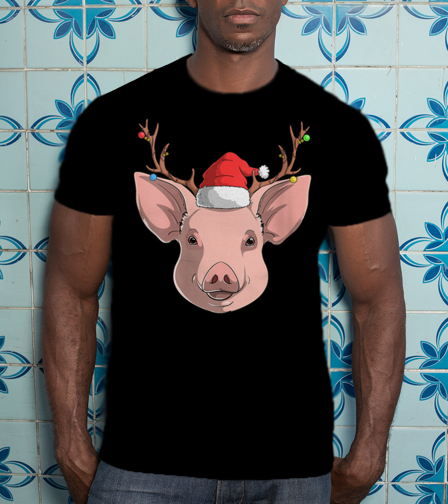 Pig With Santa Hat And Reindeer Antlers T-Shirt
