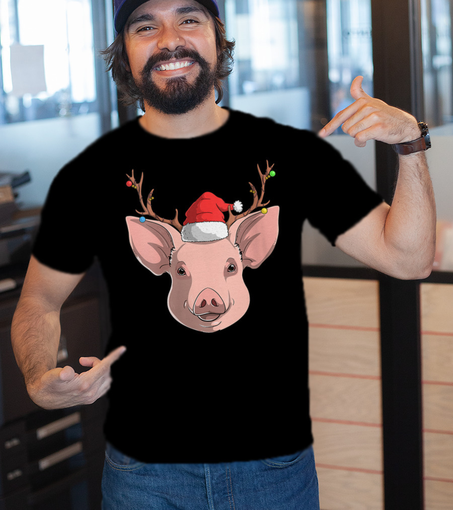Pig With Santa Hat And Reindeer Antlers T-Shirt