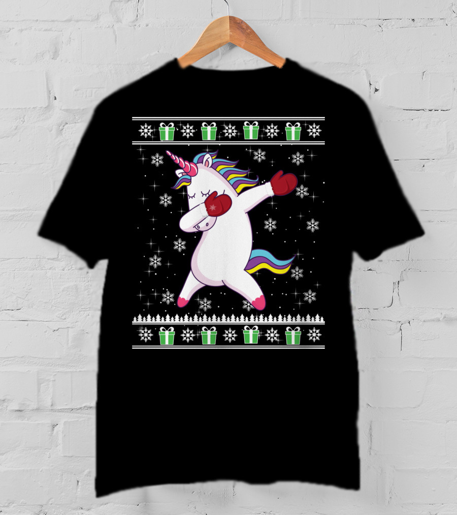 Unicorn Dabbing Christmas Presents Snowflakes Holiday Ugly T-Shirt