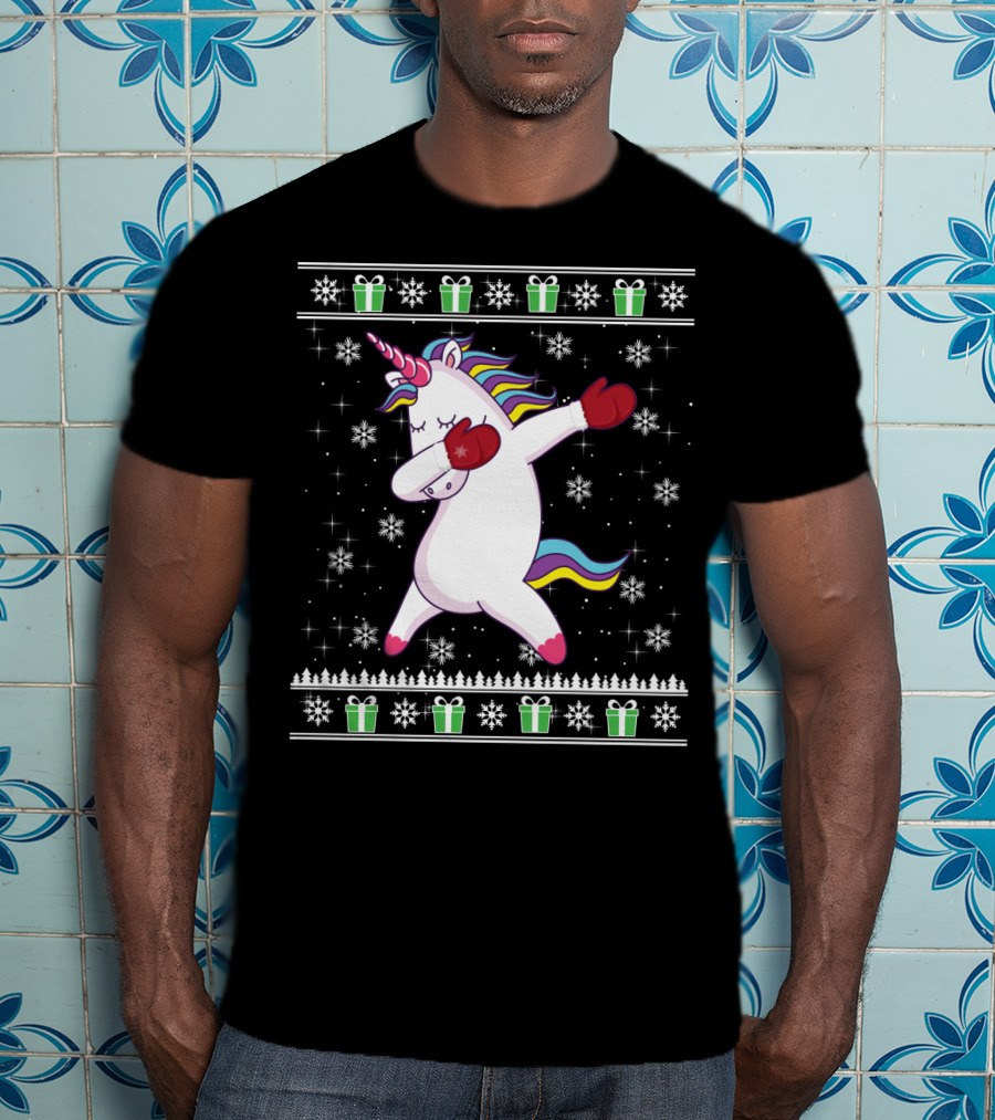 Unicorn Dabbing Christmas Presents Snowflakes Holiday Ugly T-Shirt