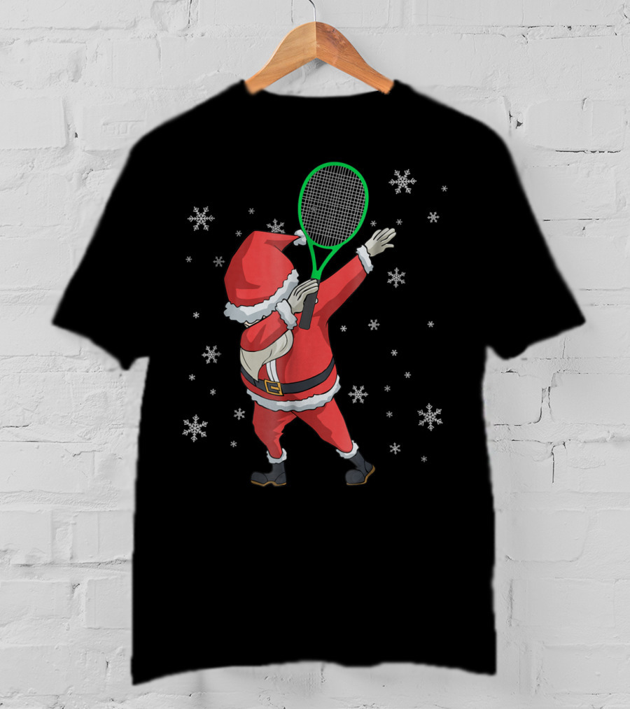 Dabbing Santa Claus With Tennis Racket And Snowflakes T-Shirt