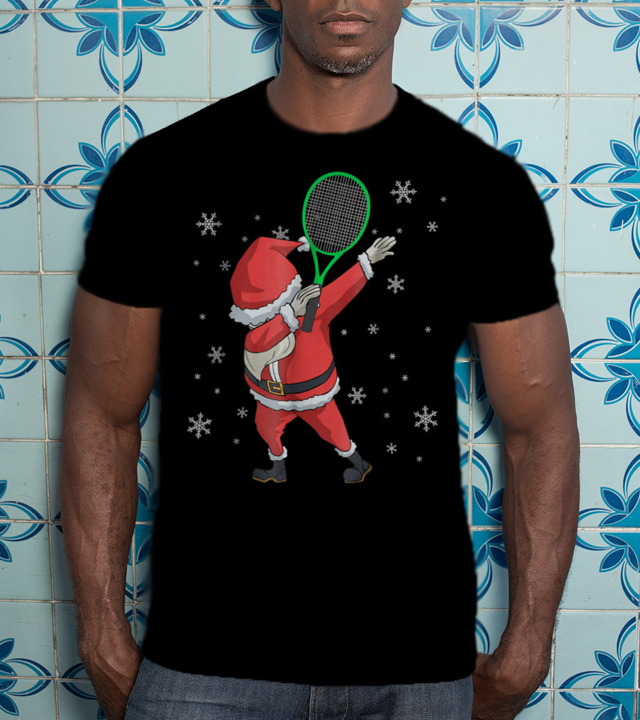 Dabbing Santa Claus With Tennis Racket And Snowflakes T-Shirt