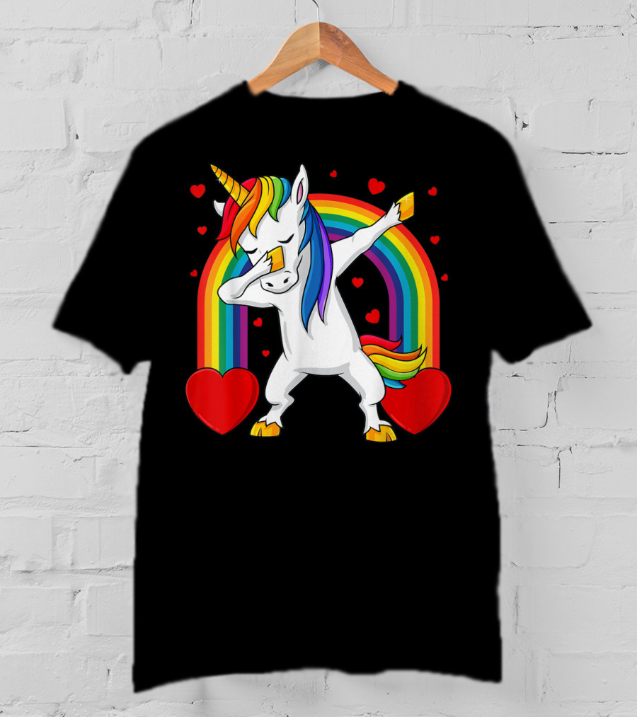 Dabbing Unicorn With Rainbow And Hearts T-Shirt