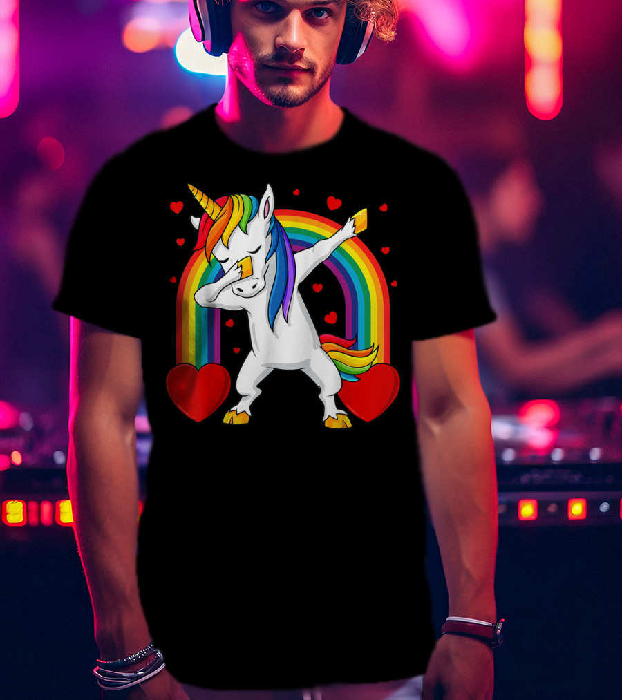 Dabbing Unicorn With Rainbow And Hearts T-Shirt