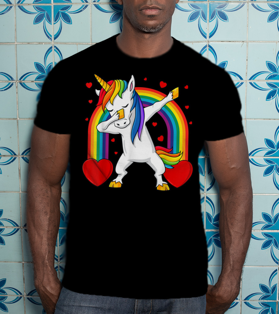 Dabbing Unicorn With Rainbow And Hearts T-Shirt