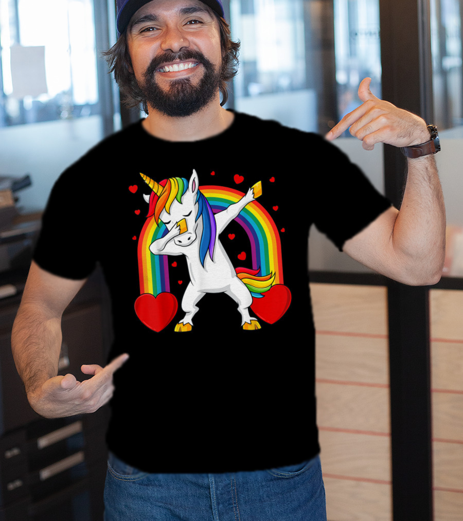 Dabbing Unicorn With Rainbow And Hearts T-Shirt