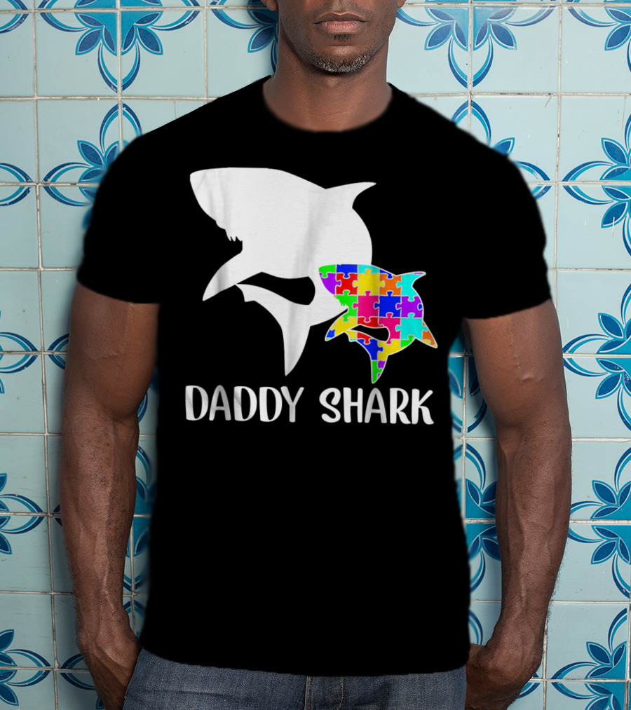 Daddy Shark Autism Awareness Puzzle Colorful T-Shirt