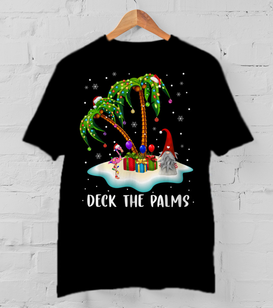 Deck The Palms Tropical Christmas Palm Tree With Santa Hat Flamingo And Gnome On Snowy Island T-Shirt
