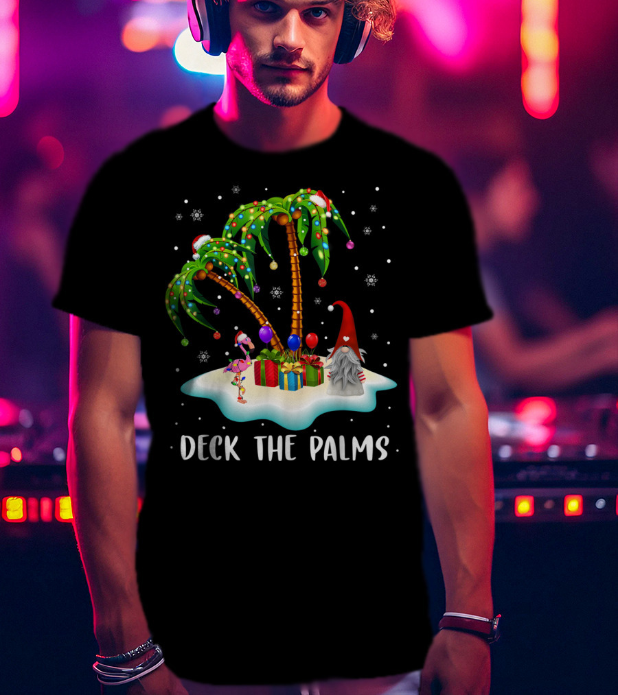 Deck The Palms Tropical Christmas Palm Tree With Santa Hat Flamingo And Gnome On Snowy Island T-Shirt