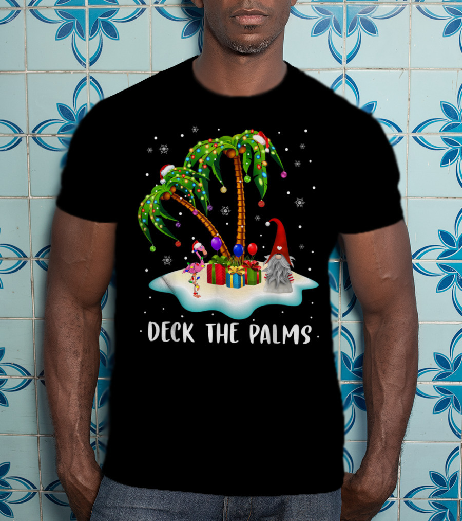 Deck The Palms Tropical Christmas Palm Tree With Santa Hat Flamingo And Gnome On Snowy Island T-Shirt