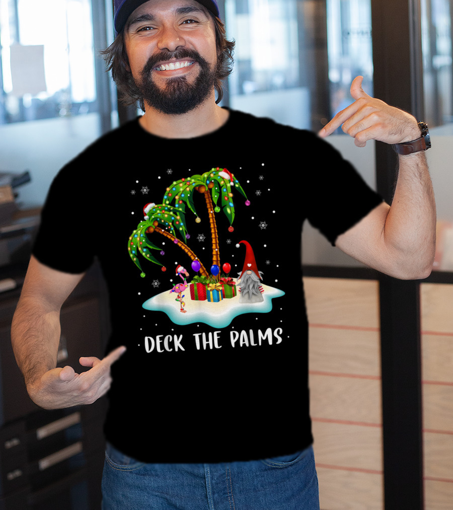 Deck The Palms Tropical Christmas Palm Tree With Santa Hat Flamingo And Gnome On Snowy Island T-Shirt