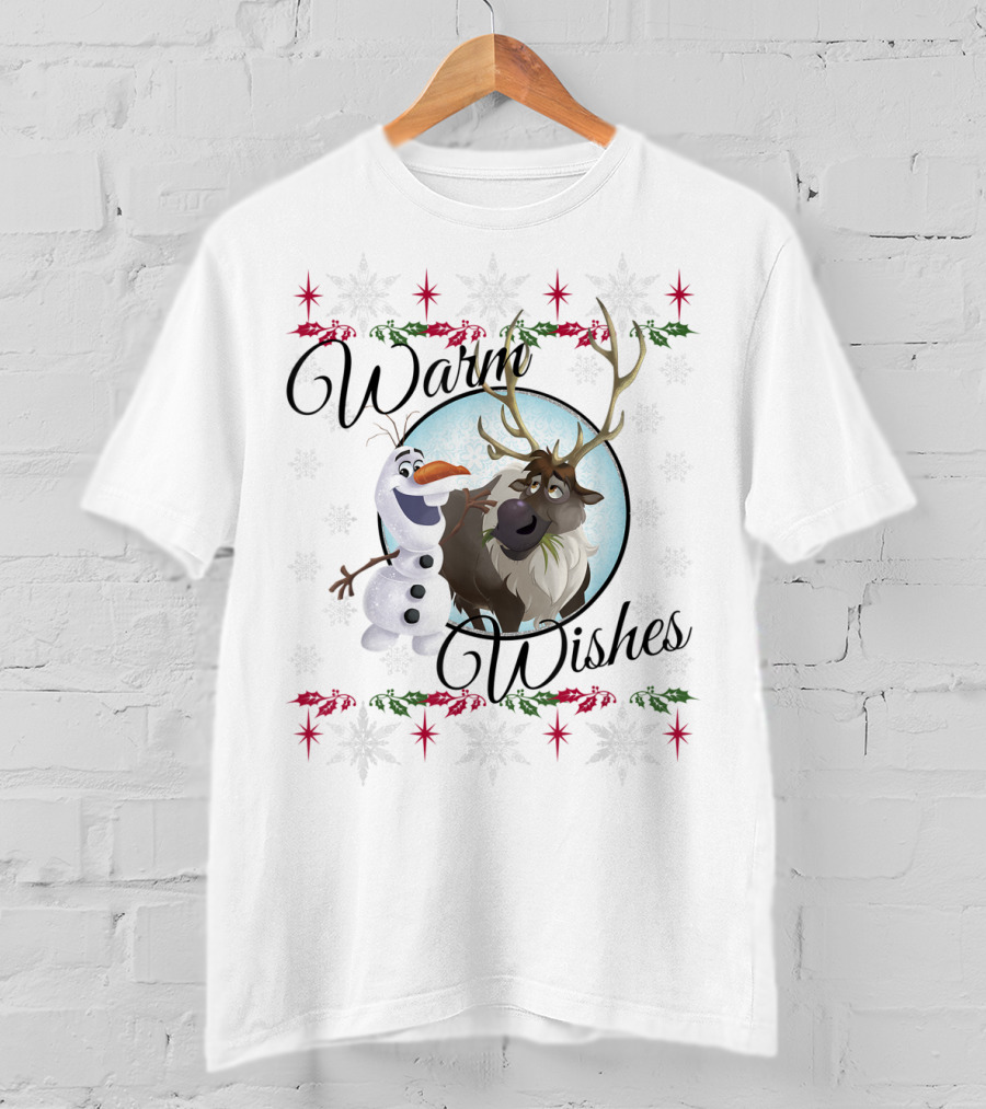Disney Frozen Olaf Sven Warm Wishes Snowflakes Holiday Scene T-Shirt