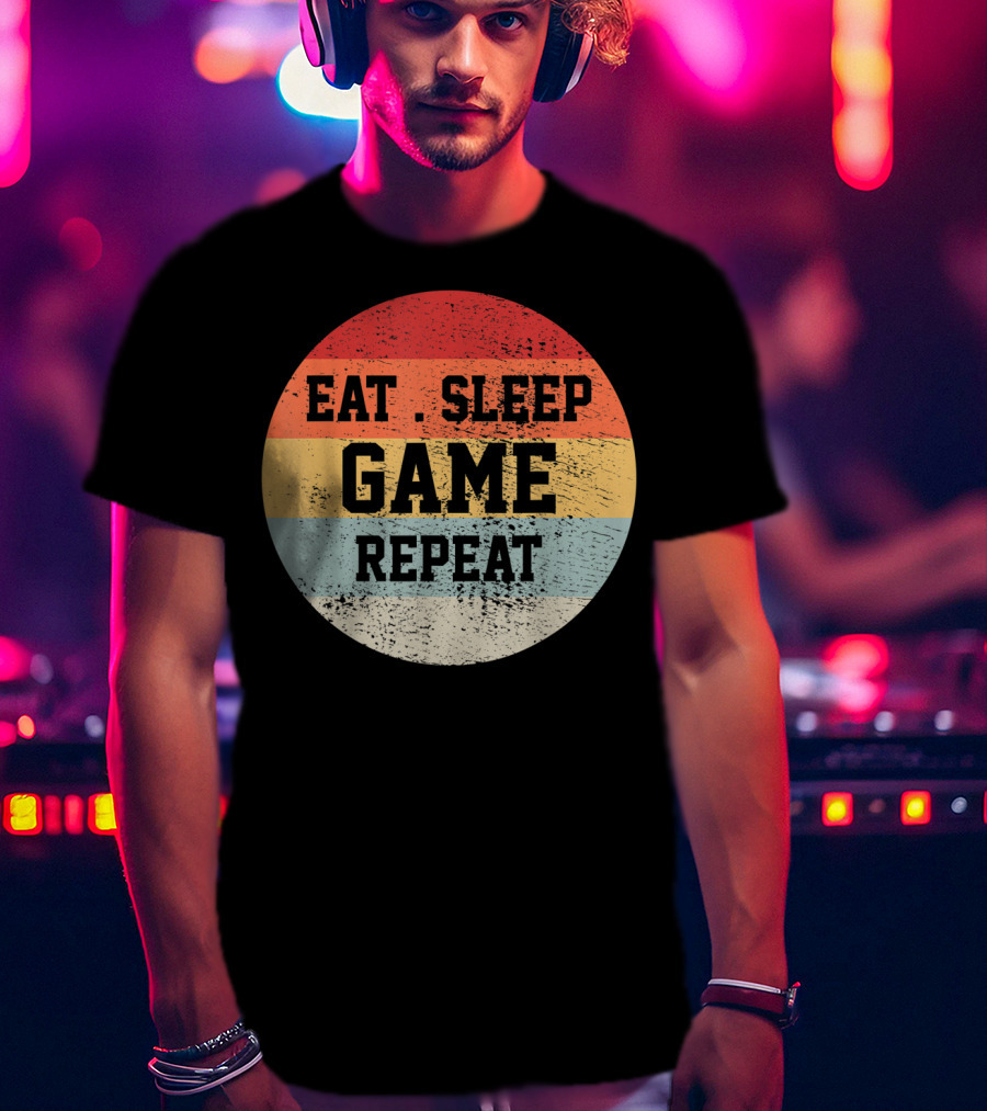 Eat Sleep Game Repeat Vintage Retro Stripes T-Shirt
