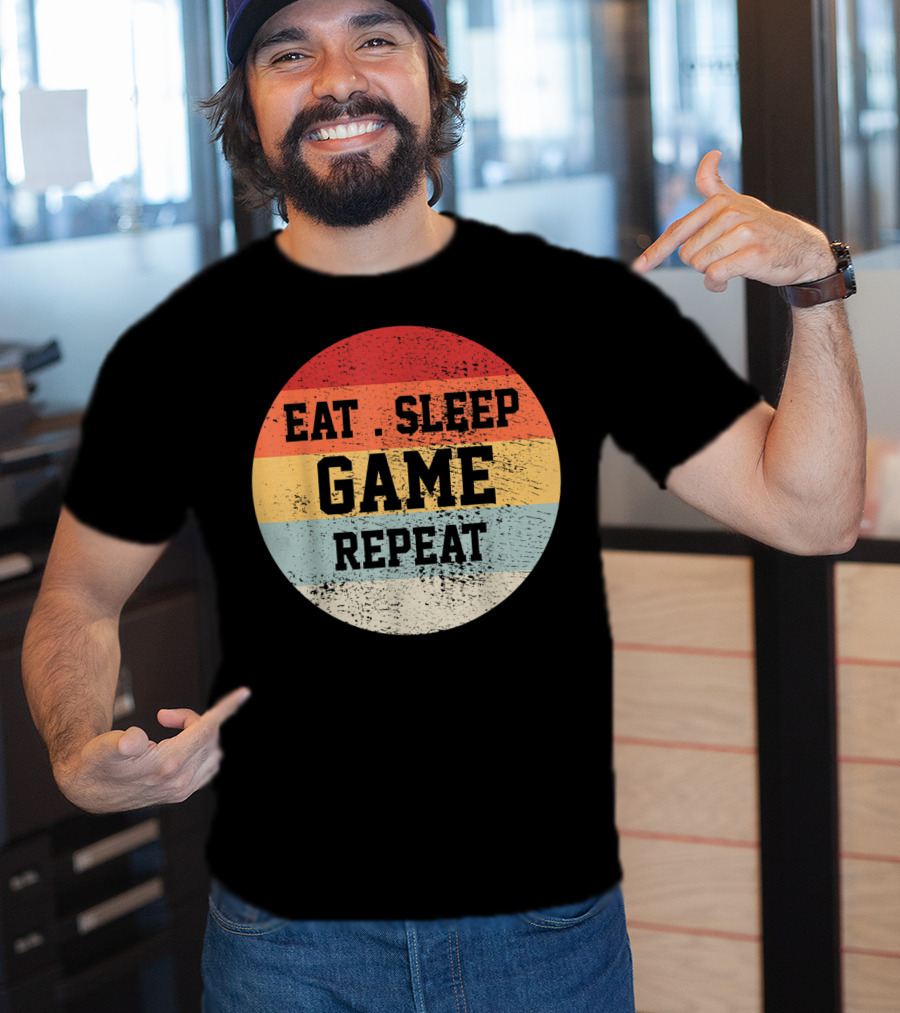 Eat Sleep Game Repeat Vintage Retro Stripes T-Shirt