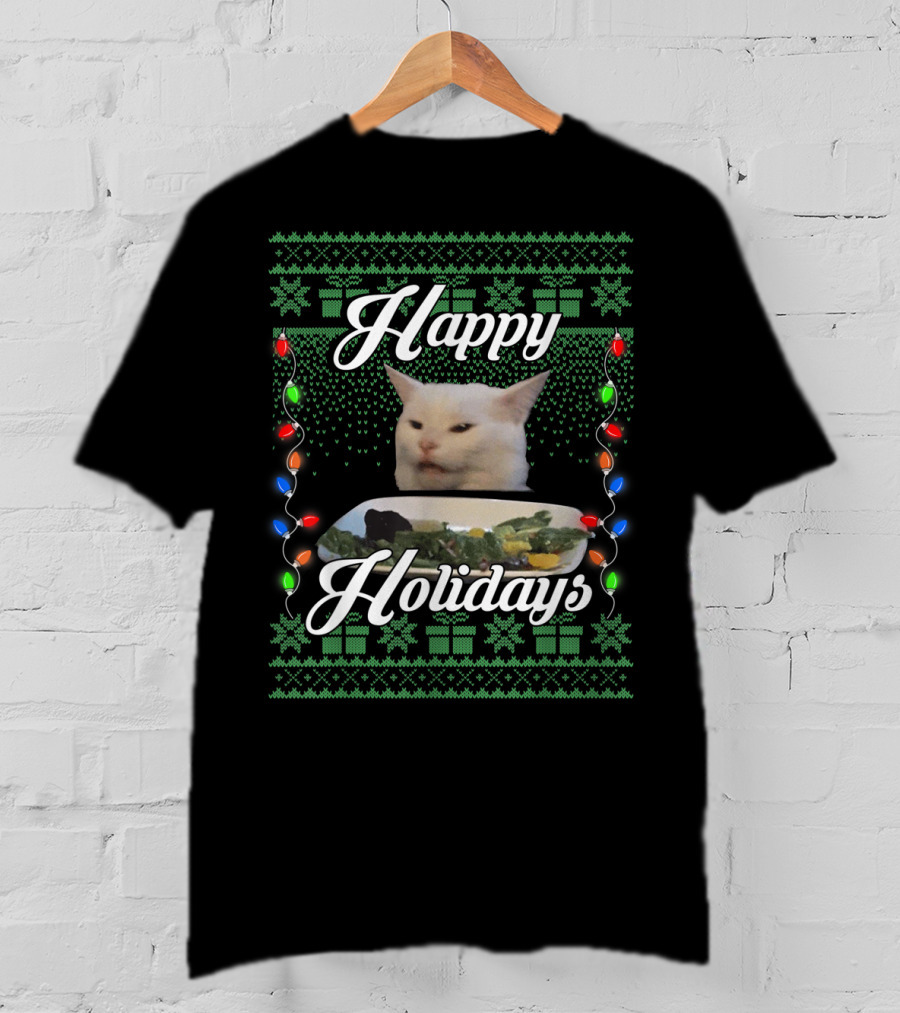 Happy Holidays Cat Meme With Festive Lights And Green Gift T-Shirt
