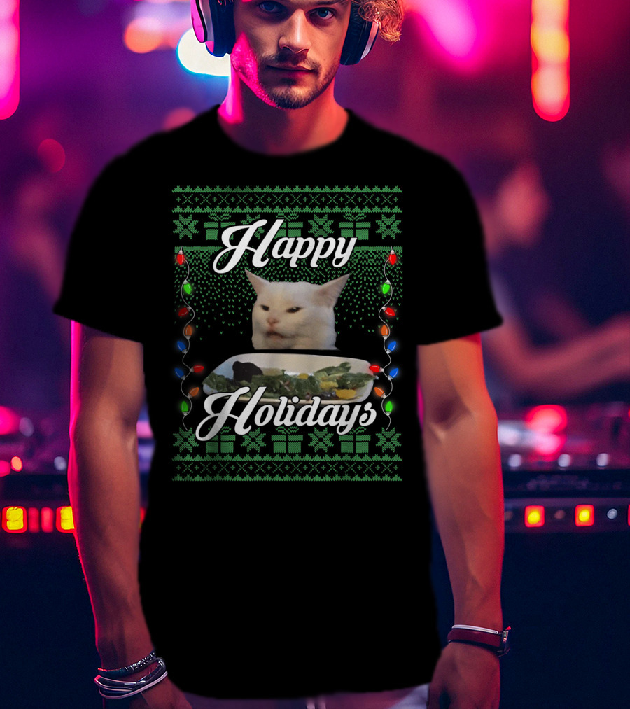 Happy Holidays Cat Meme With Festive Lights And Green Gift T-Shirt