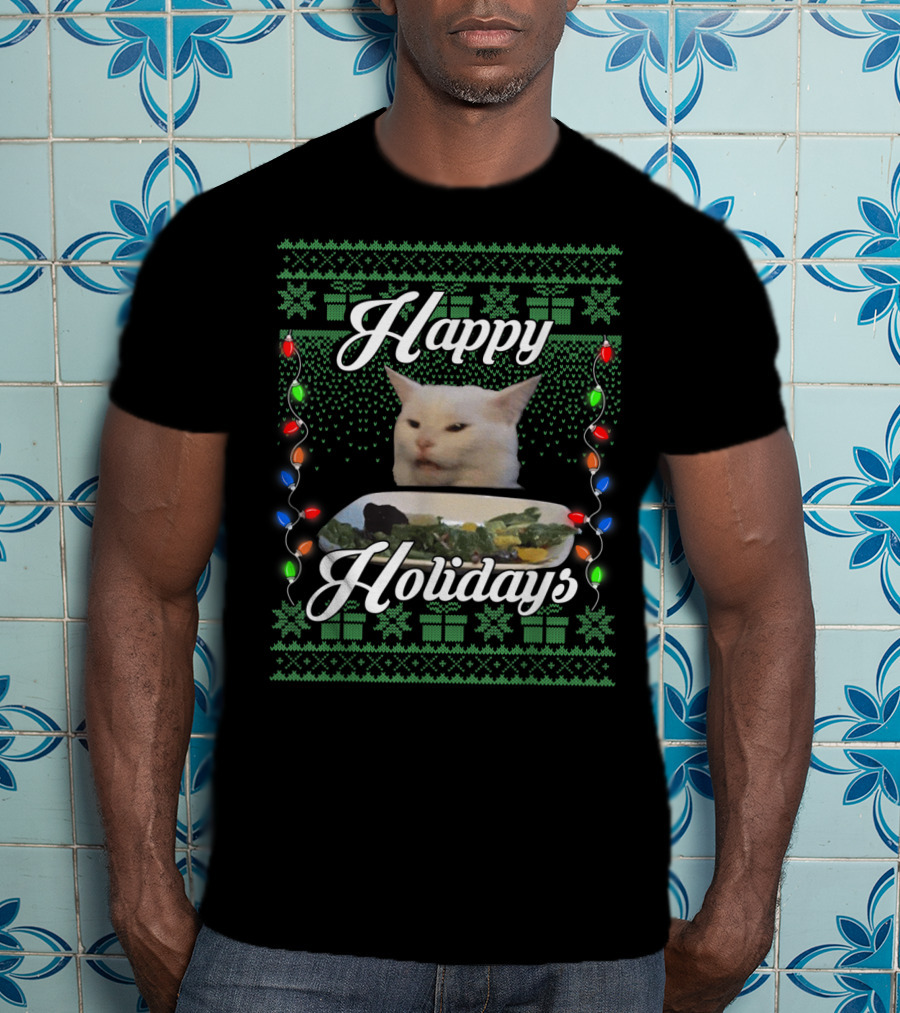 Happy Holidays Cat Meme With Festive Lights And Green Gift T-Shirt
