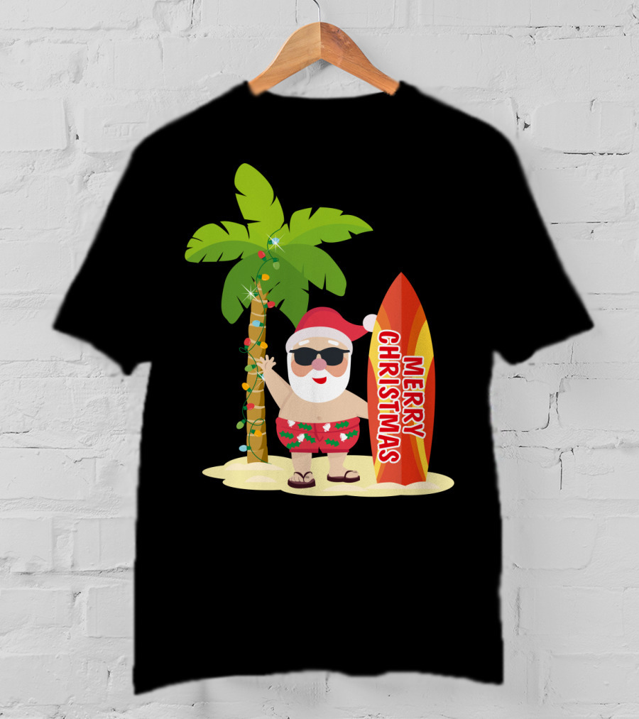 Merry Christmas Hawaiian Funny Ugly Cute Surfing Santa Holiday T-Shirt