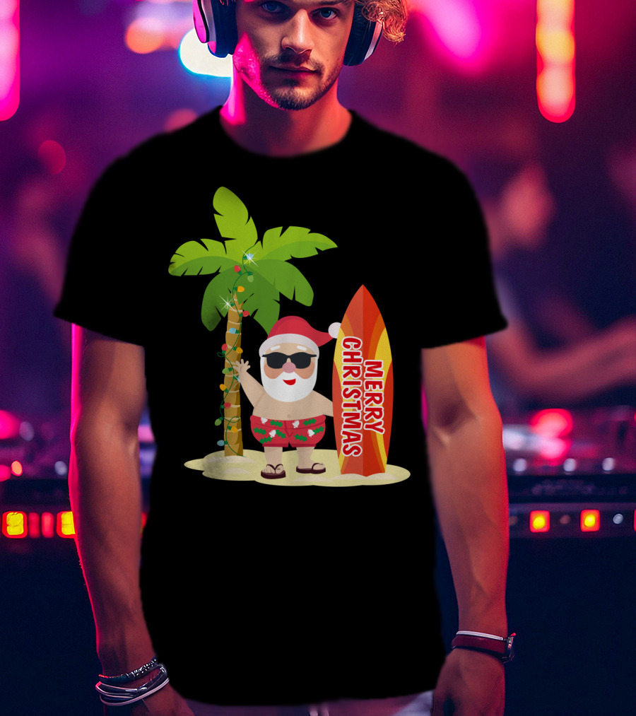 Merry Christmas Hawaiian Funny Ugly Cute Surfing Santa Holiday T-Shirt
