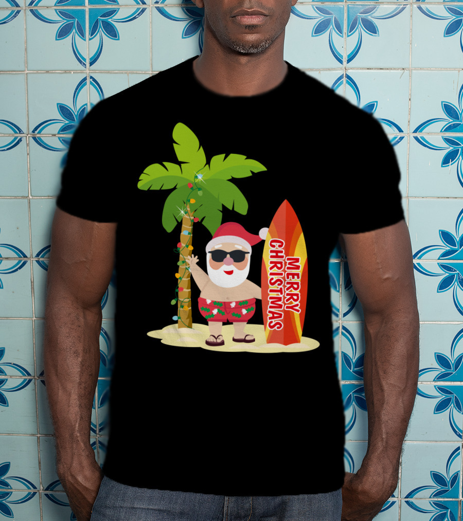 Merry Christmas Hawaiian Funny Ugly Cute Surfing Santa Holiday T-Shirt