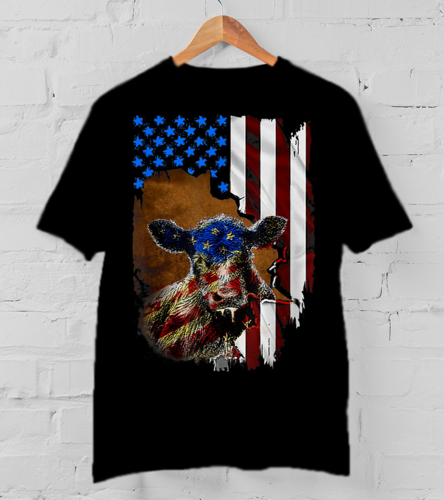 Heifer American Flag Farmer Cow Cattle July 4 T-Shirt