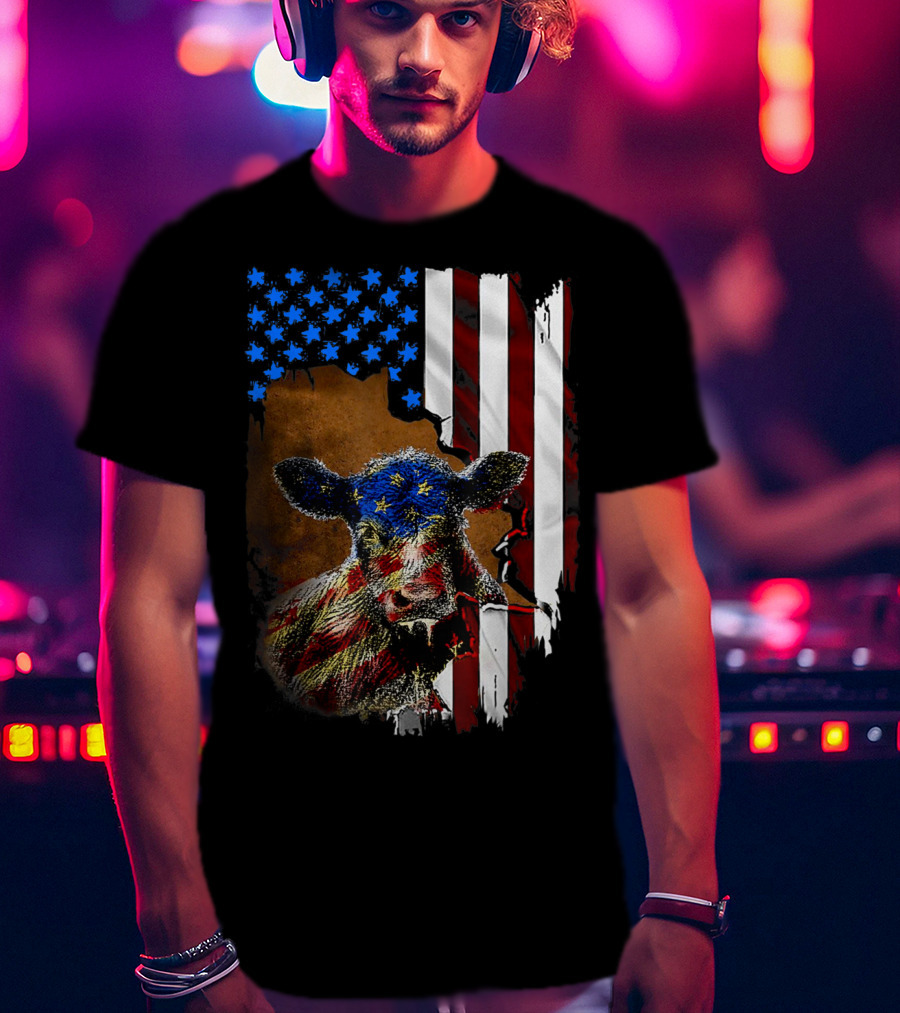 Heifer American Flag Farmer Cow Cattle July 4 T-Shirt