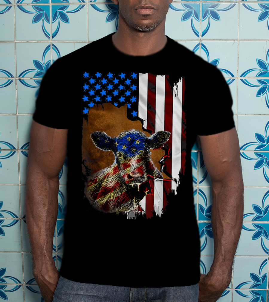 Heifer American Flag Farmer Cow Cattle July 4 T-Shirt
