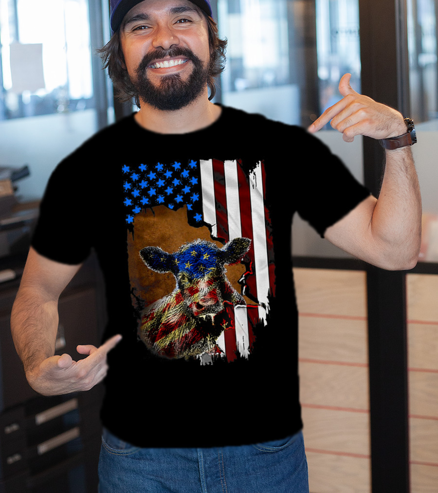 Heifer American Flag Farmer Cow Cattle July 4 T-Shirt