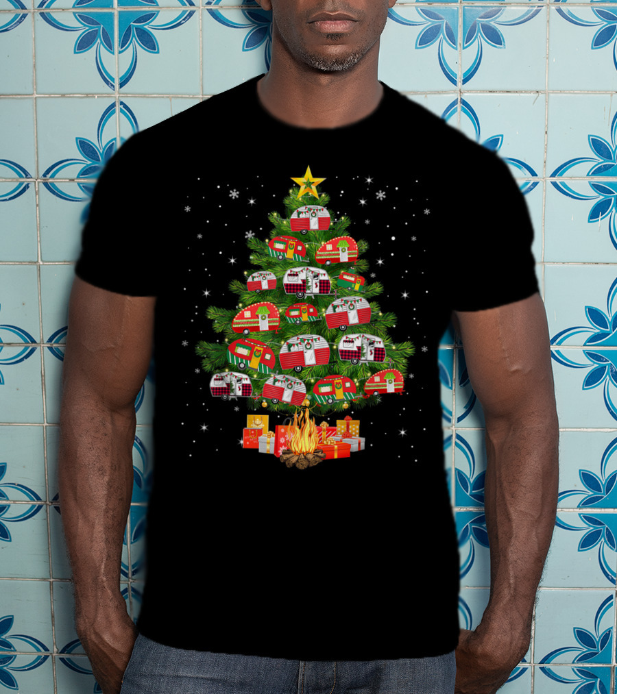 Camping Vehicle Christmas Tree Festive Campers With Star And Gifts T-Shirt