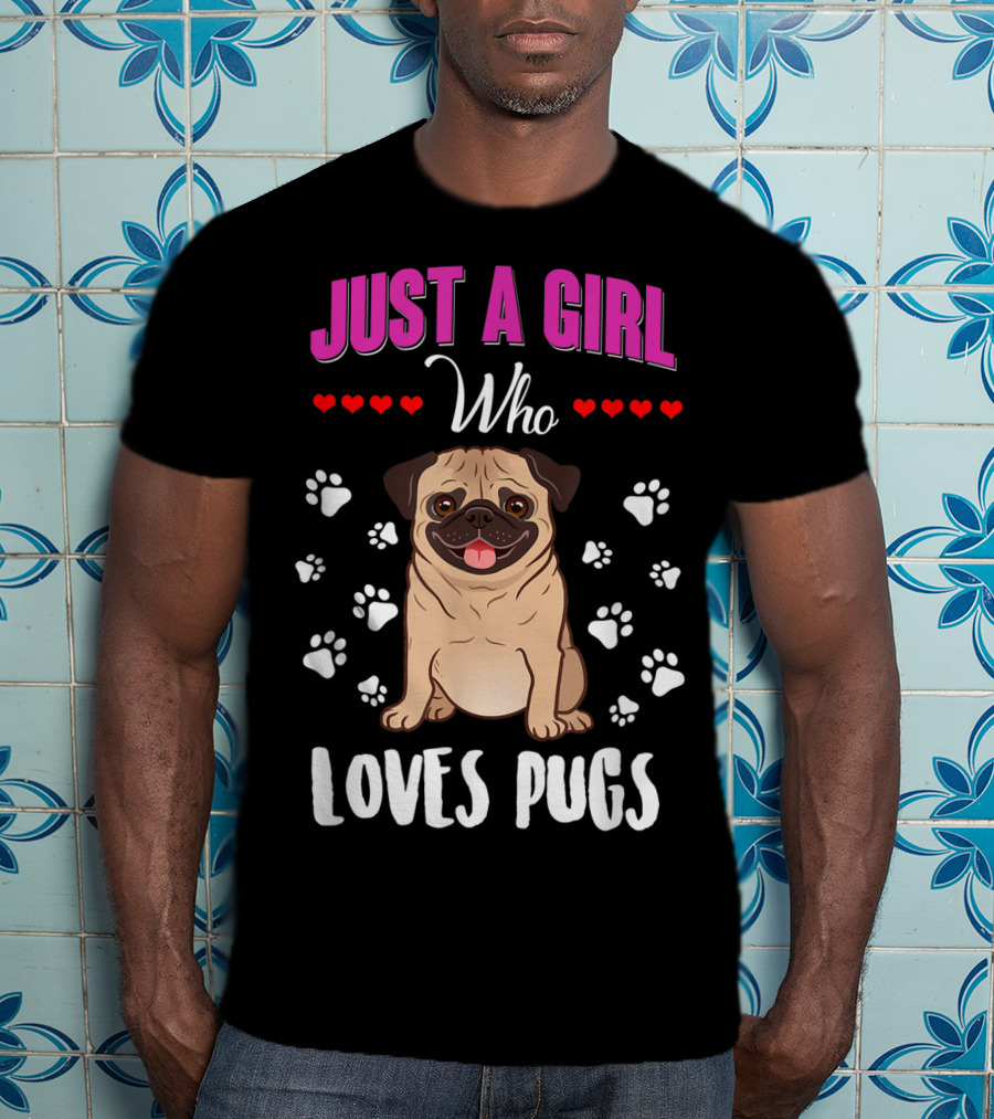 Just A Girl Who Loves Pugs With Paw Prints And Hearts T-Shirt