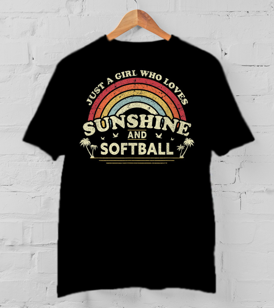 Just A Girl Who Loves Sunshine And Softball Vintage Rainbow Palm Trees T-Shirt