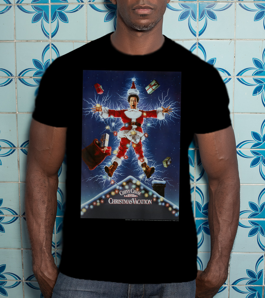 Chevy Chase Kids National Lampoon's Christmas Vacation Santa With Presents And Lights Explosion T-Shirt