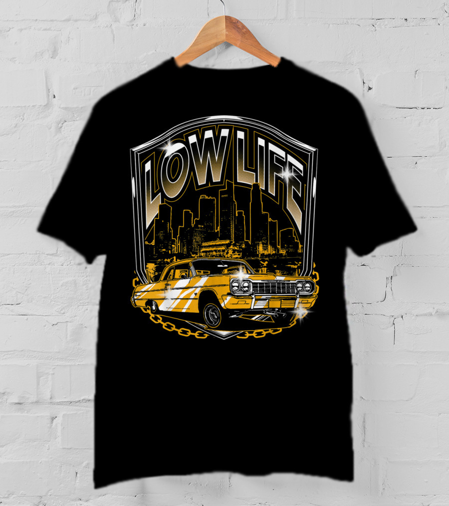 Lowrider Classic Car Low Life Skyline Scene T-Shirt
