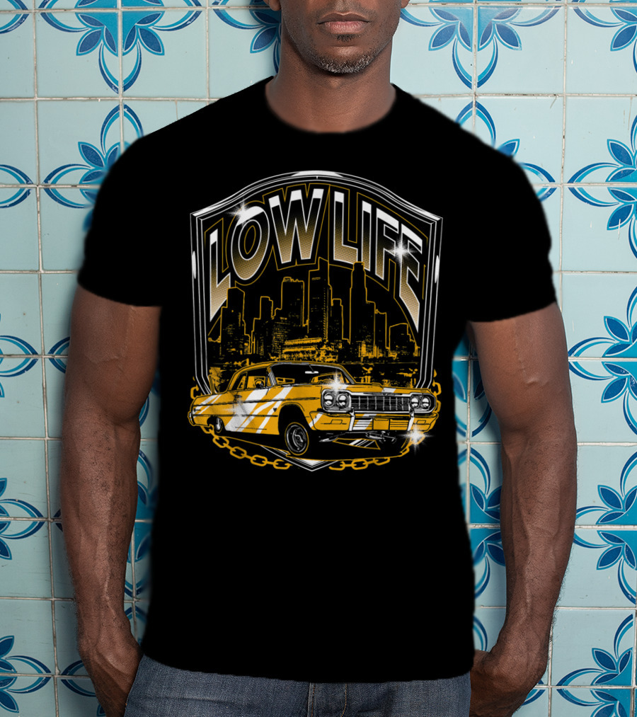 Lowrider Classic Car Low Life Skyline Scene T-Shirt