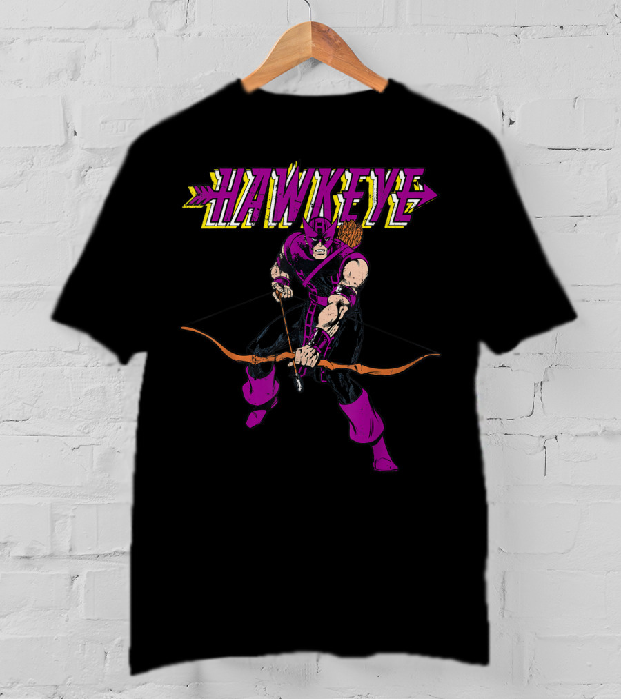 Marvel Hawkeye Classic Purple Pose Drawing Bow And Arrow T-Shirt