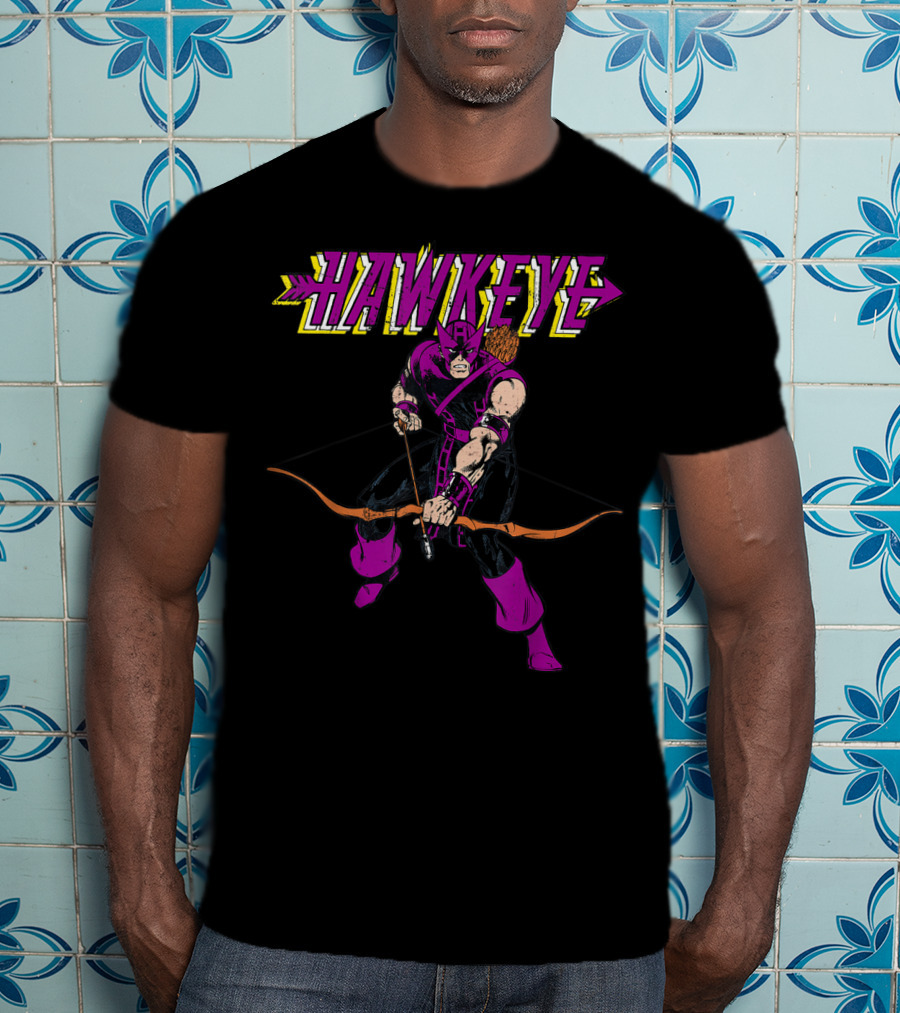 Marvel Hawkeye Classic Purple Pose Drawing Bow And Arrow T-Shirt