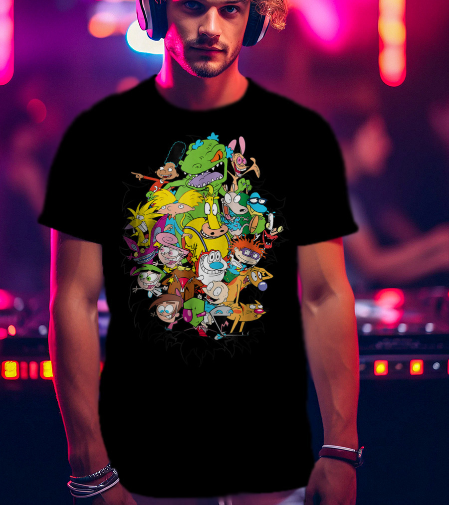 Nickelodeon Classic Characters Rugrats Hey Arnold Rocko's Modern Life Ren And Stimpy CatDog Fairly OddParents All Real Monsters Explosion T-Shirt
