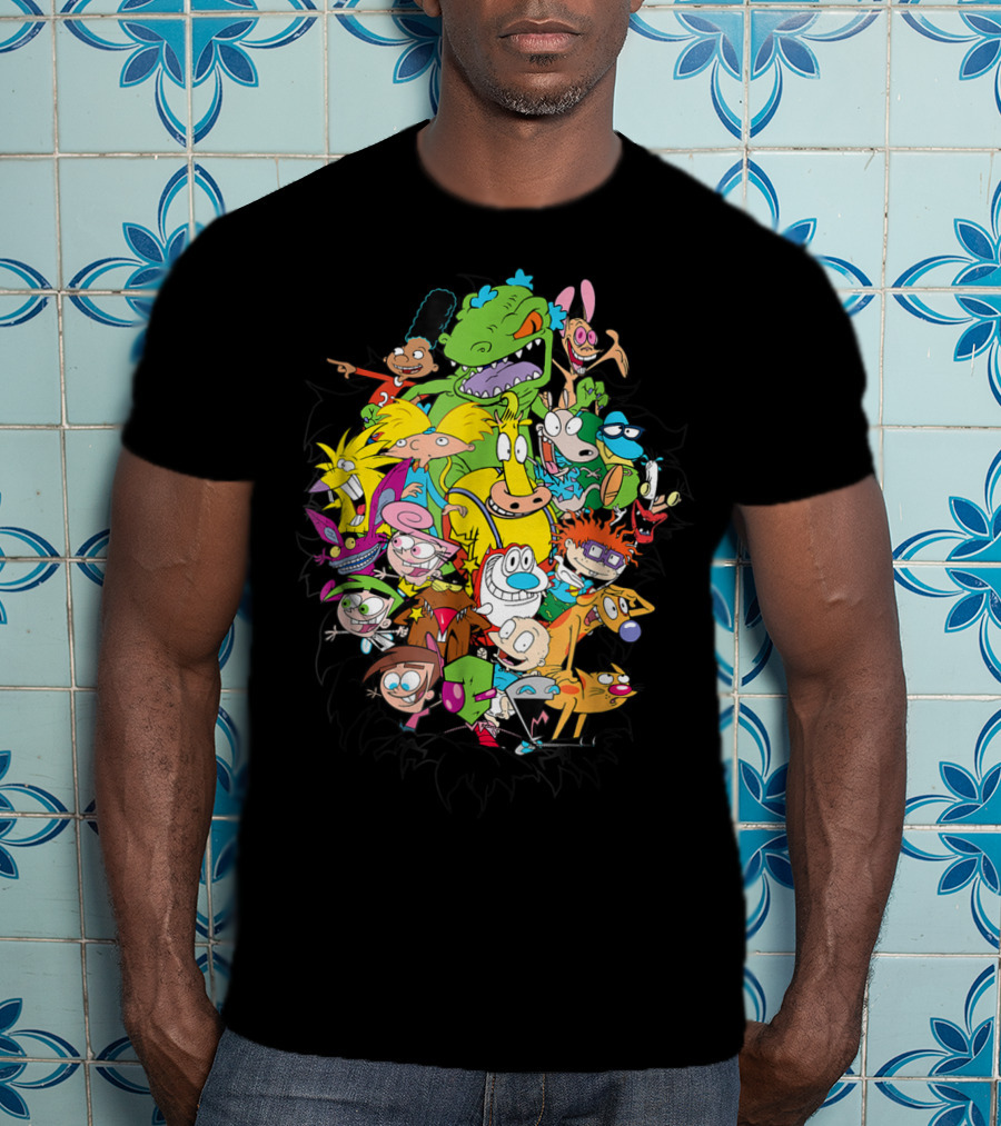 Nickelodeon Classic Characters Rugrats Hey Arnold Rocko's Modern Life Ren And Stimpy CatDog Fairly OddParents All Real Monsters Explosion T-Shirt