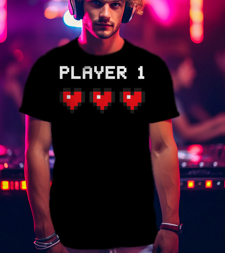 Player 1 Pixel Hearts Retro Gaming T-Shirt