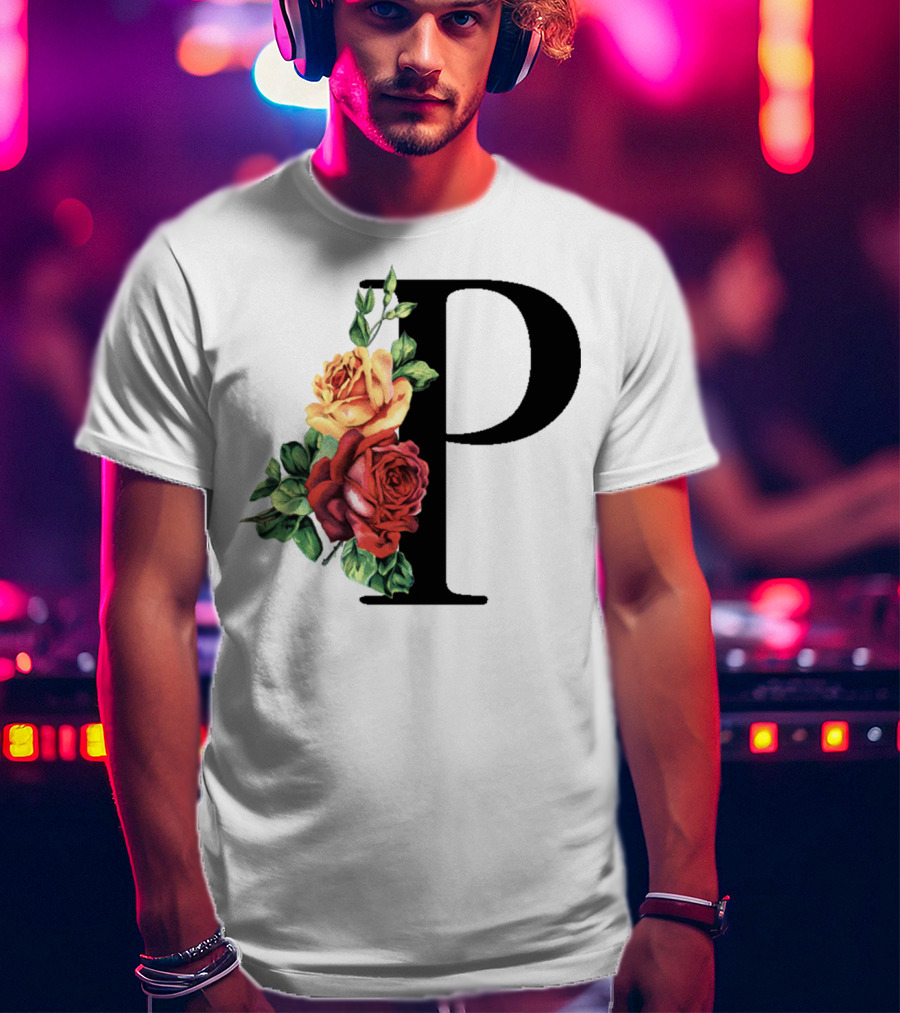 Initial Rose Floral Monogram Letter P With Red And Yellow Roses T-Shirt