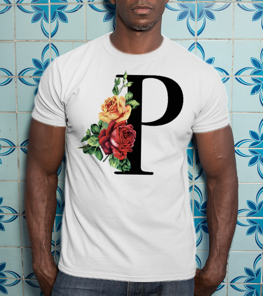 Initial Rose Floral Monogram Letter P With Red And Yellow Roses T-Shirt
