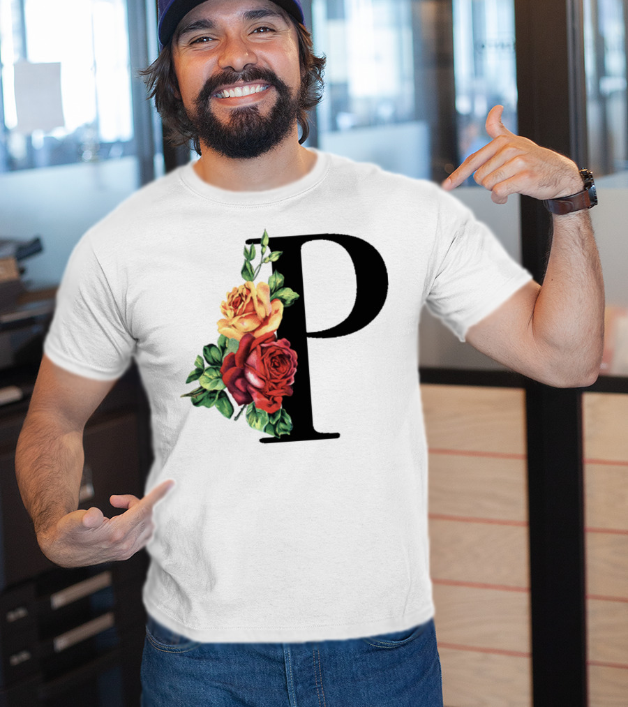 Initial Rose Floral Monogram Letter P With Red And Yellow Roses T-Shirt