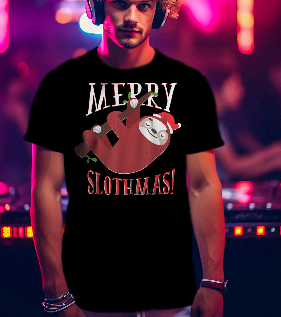 Merry Slothmas Santa Hat Sloth Holiday Greeting T-Shirt