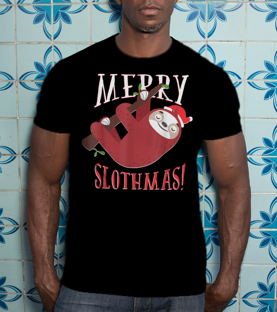 Merry Slothmas Santa Hat Sloth Holiday Greeting T-Shirt