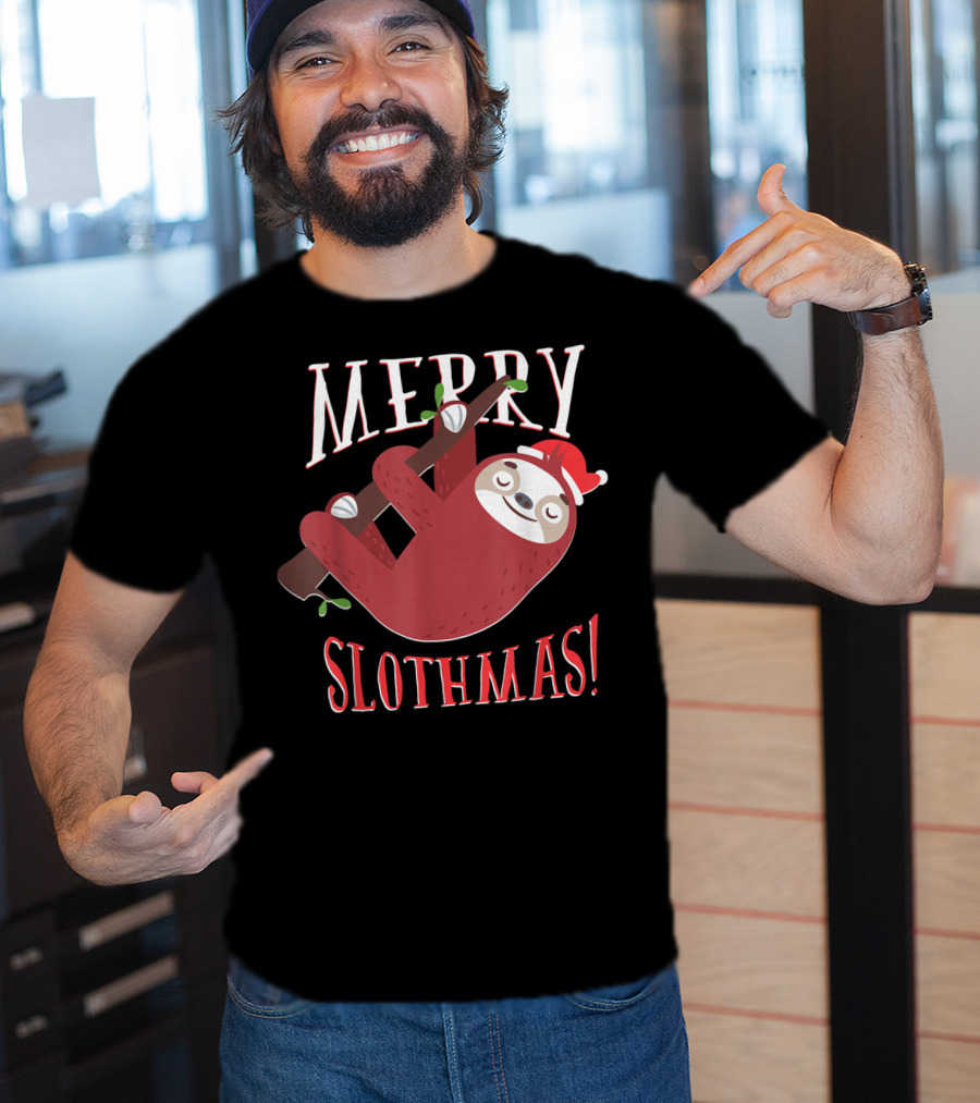 Merry Slothmas Santa Hat Sloth Holiday Greeting T-Shirt