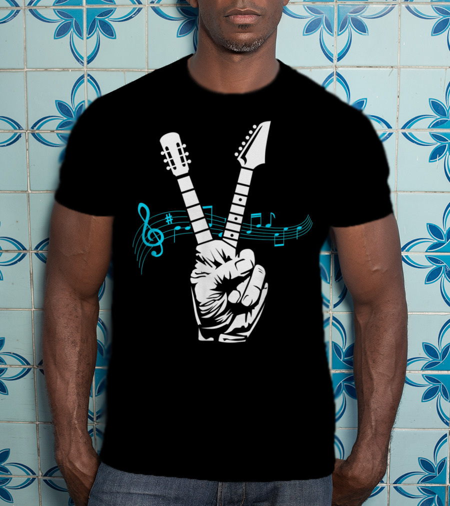 Peace Sign Guitar Neck Fingers And Musical Notes T-Shirt