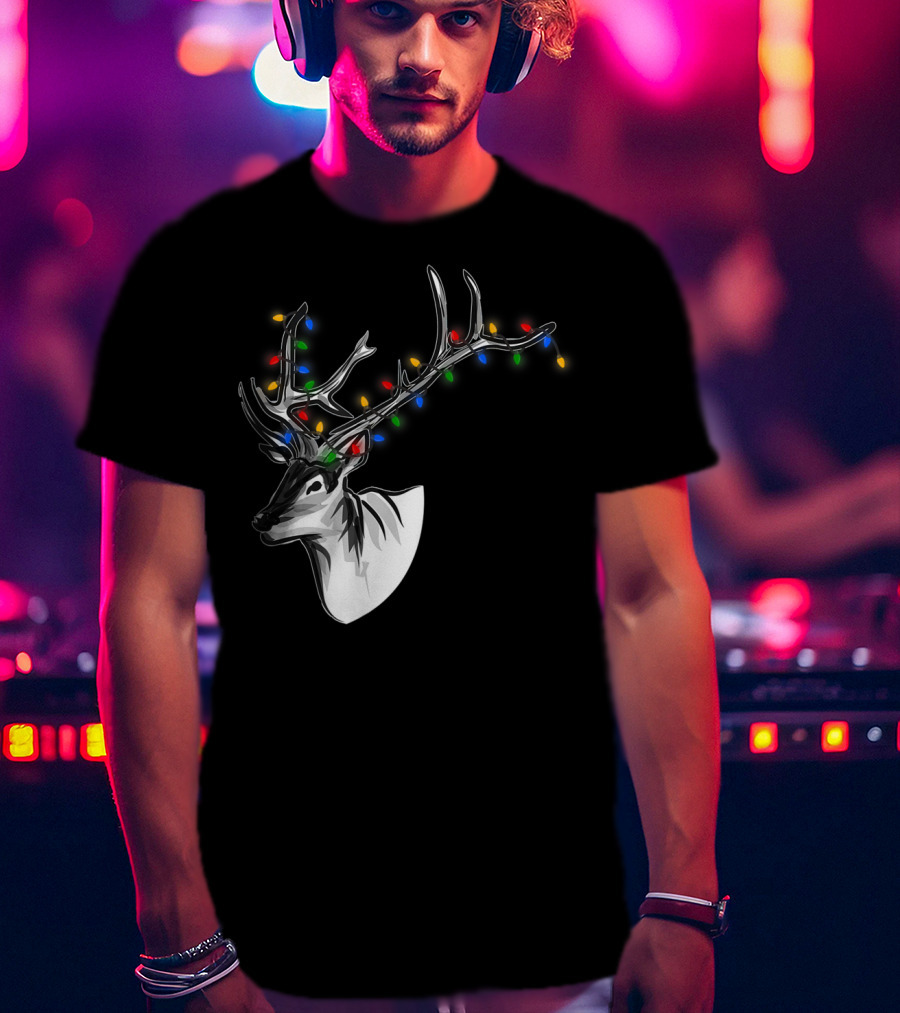 Reindeer With Colorful Christmas Lights On Antlers Funny Animal T-Shirt