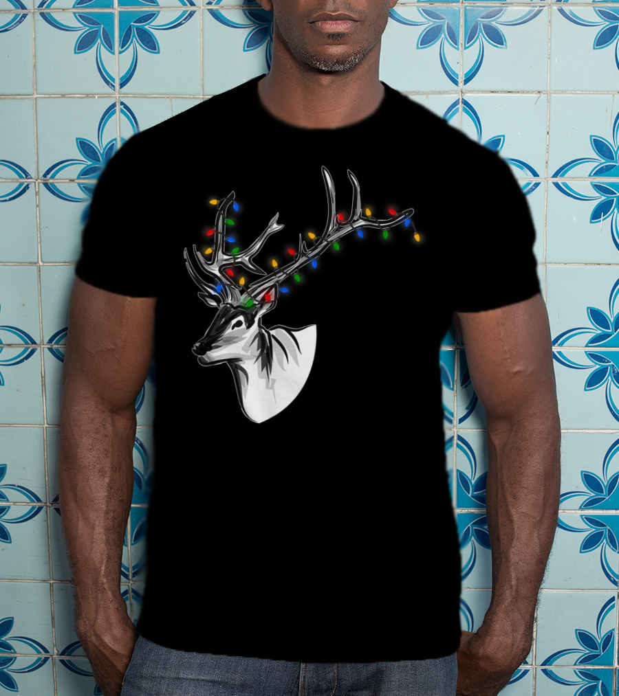Reindeer With Colorful Christmas Lights On Antlers Funny Animal T-Shirt